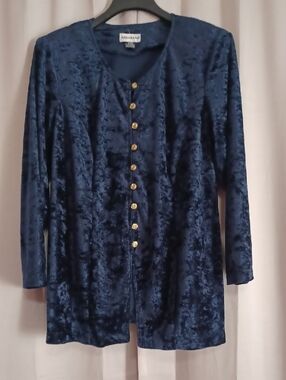 Adrian Jordan 90s Navy Crushed Velvet Top Gold Tone Buttons Corset Style Back